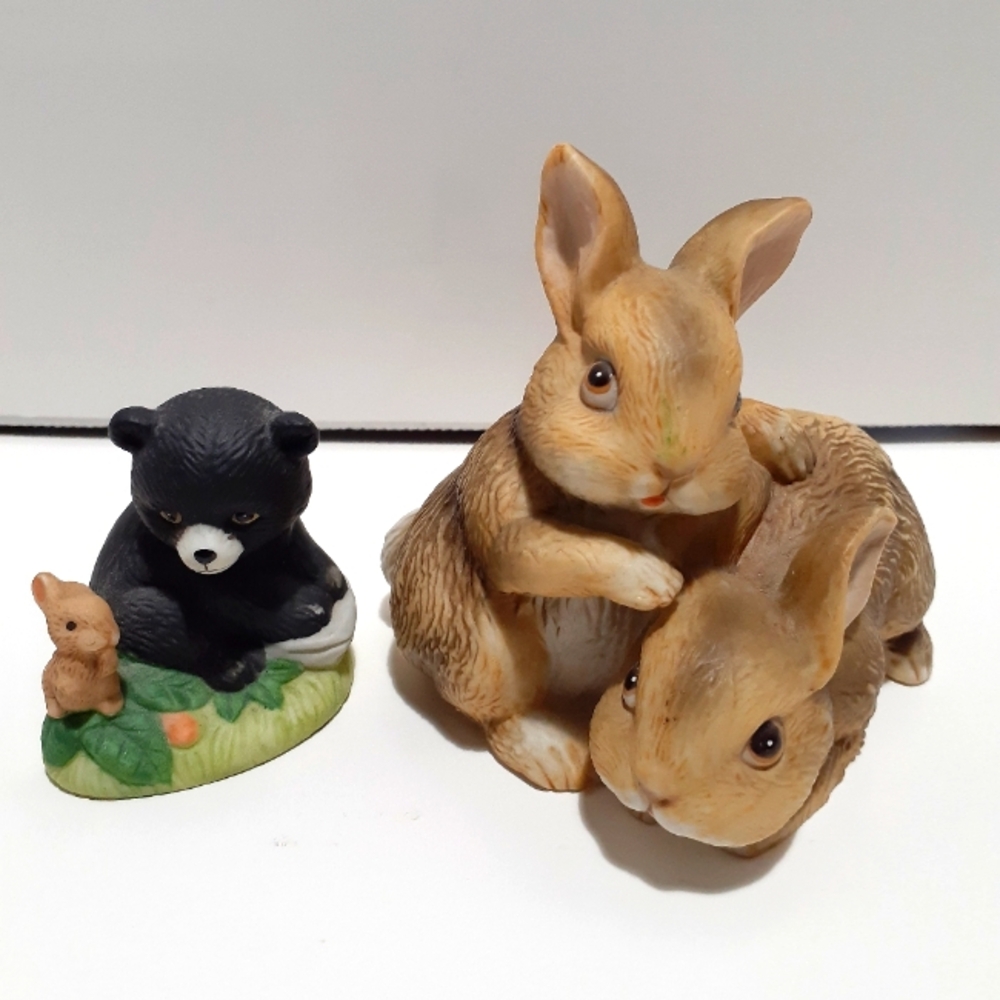 Homco Hugging Bunnies & Black Bear With Bunny Figurines